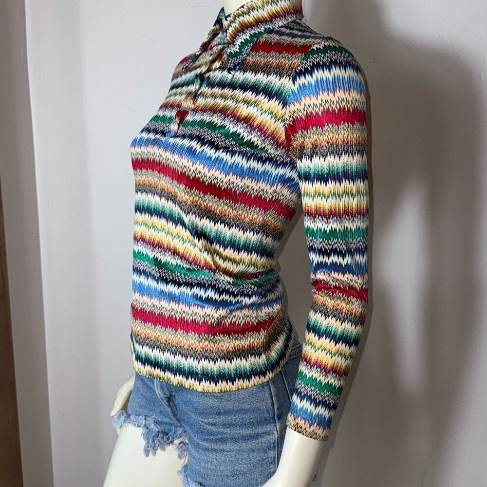 Vintage 60s Women's ZigZag Print Pointed Collar Multicolor Rainbow Stripe Size S - Picture 8 of 13